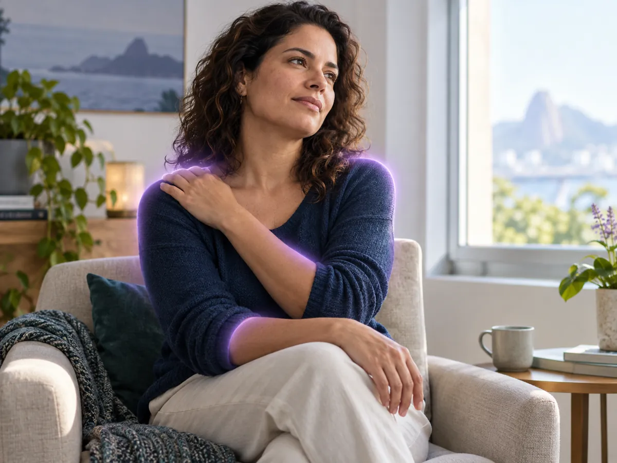 Mulher com a mão sobre o ombro e pontos de sensibilidade destacados de forma sutil, representando a fibromialgia
