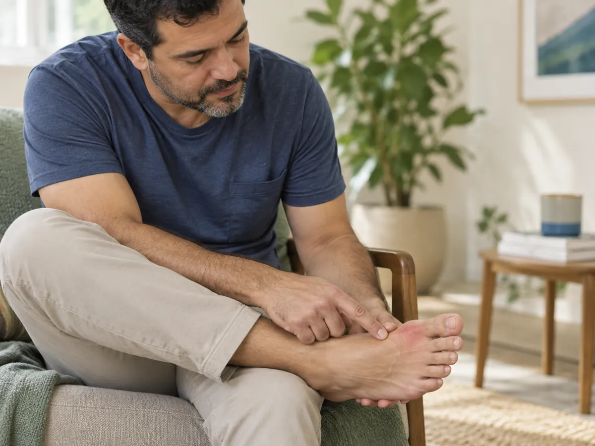 Homem indicando uma inflamação discreta na articulação do dedão do pé, manifestação comum da gota
