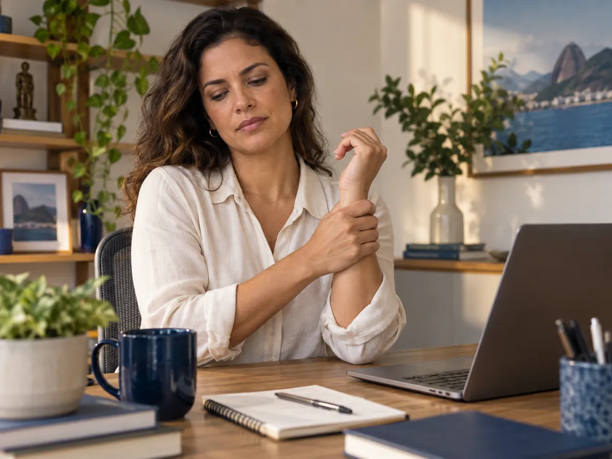 Mulher apoiando o punho durante uma pausa no trabalho, representando dor articular e muscular persistente